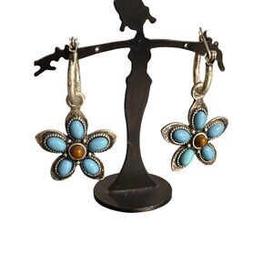Vintage Silver Tone Hoop Dangle Earring Flower Turquoise Brown Rhinestones 1.75"